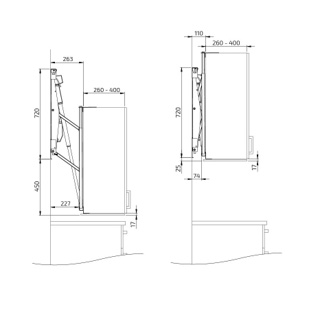 Måttuppgifter - TR3D Diagonallyftare för väggskåp bredd 60-110 cm