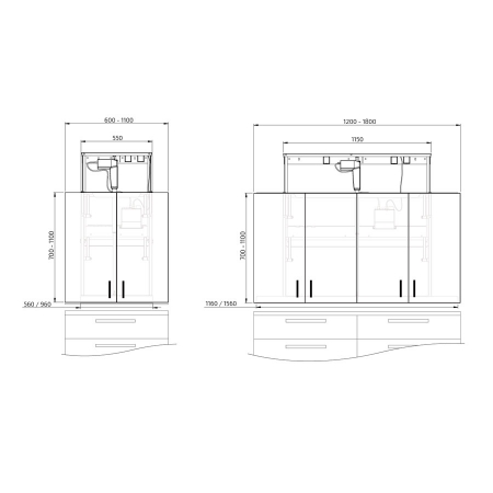Måttuppgifter - TR3D Diagonallyftare för väggskåp bredd 60-110 cm